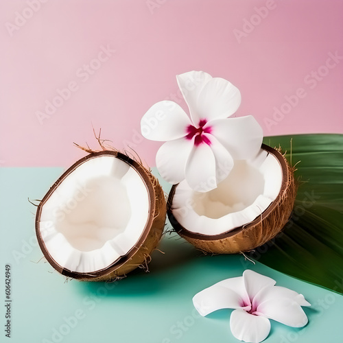 Sunny Summer Vibes: Coconut Slices with Lush Leaves and Flowers