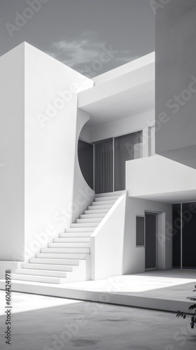 Modern house. The monochromatic shoot of minimalist architecture design. Clean lines, concrete materials, white elevation - Generative AI
