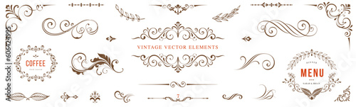 Universal scroll elements and ornate vintage frames. Classic calligraphy swirls, floral motifs. Good for greeting cards, wedding invitations, restaurant menu and other graphic design.