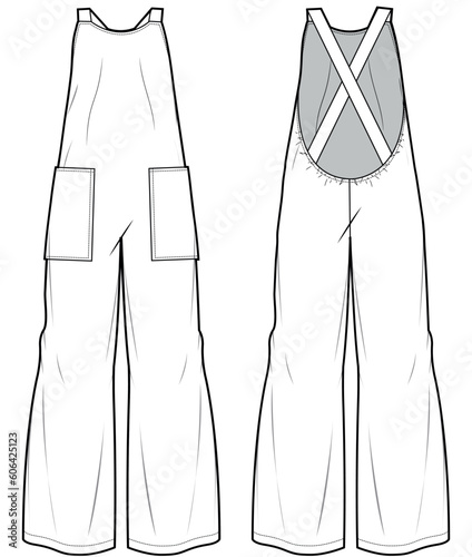 womens sleeveless cross back jumpsuit flat sketch vector illustration front and back view technical cad drawing template