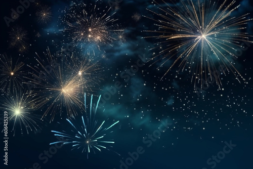 Silvester New Year's Eve Party New year Fireworks Firework background banner panorama long- Sparklers and bokeh lights on dark blue night sk