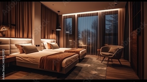 hotel room with bed, ai generative © nataliya_ua