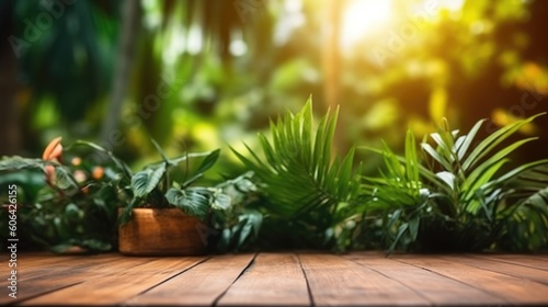  wooden table in front of countryside background. product display and picnic concept  ai generative