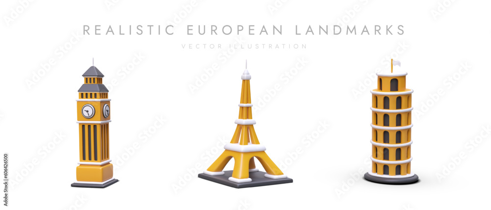 Set of realistic European architectural monuments. 3D icons for modern design. Big Ben, Eiffel Tower, Leaning Tower of Pisa on white background. Elizabeth Tower with shadow Set of realistic European architectural monuments. 3D icons for modern design. Big Ben, Eiffel Tower, Leaning Tower of Pisa on white background. Elizabeth Tower with shadow
