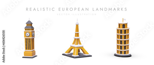 Set of realistic European architectural monuments. 3D icons for modern design. Big Ben, Eiffel Tower, Leaning Tower of Pisa on white background. Elizabeth Tower with shadow