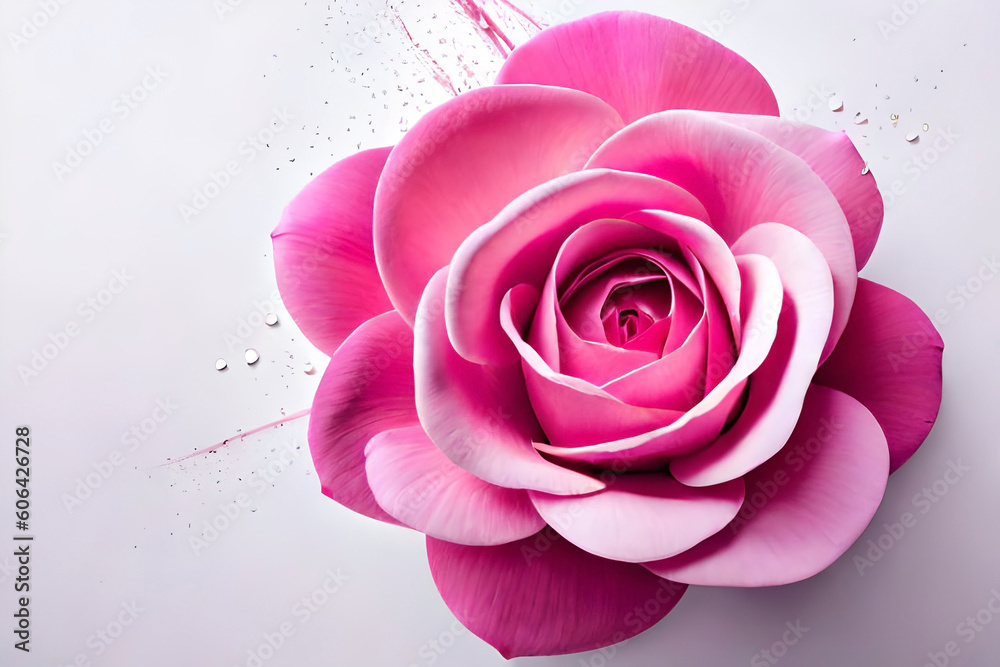 Fotografie Top view, Pink rose head on white background, flat lay