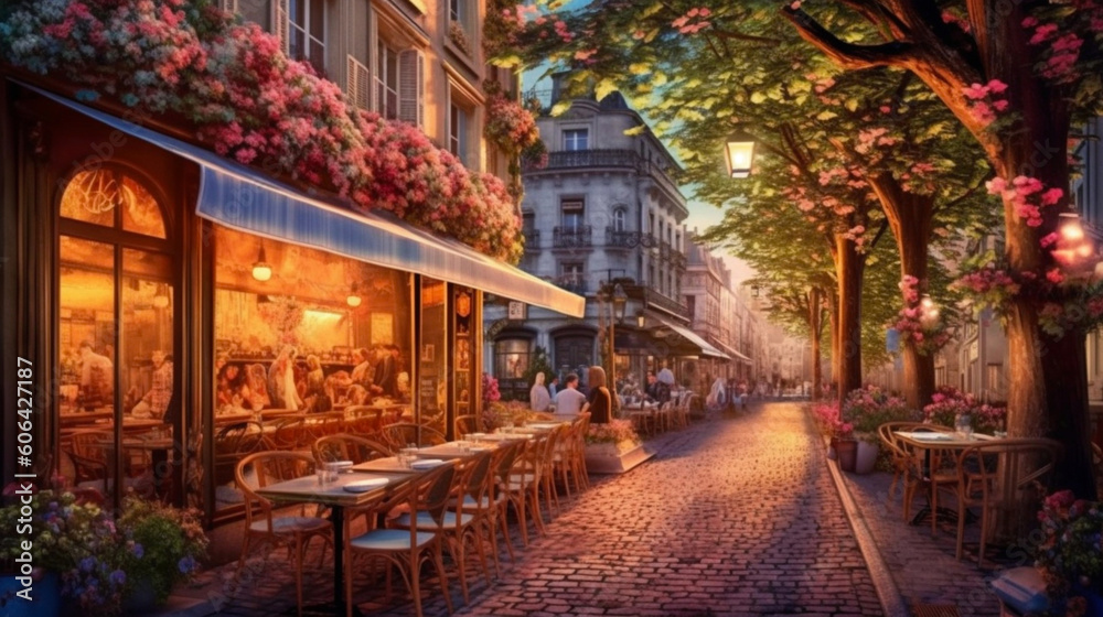 Street view with cafe or restaurant. Coffee shop in the city. Rue de Paris. Summer evening. Ai illustration, fantasy digital painting, Generative AI
