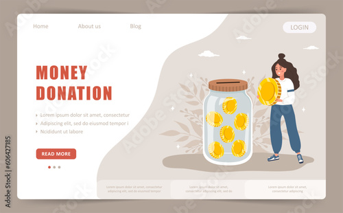 Money donation. Landing page template. Cute woman with glass jar full of gold coins. International charity day. Fundraising Concept. Vector cartoon illustration.