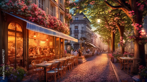 Street view with cafe or restaurant. Coffee shop in the city. Rue de Paris. Summer evening. Ai illustration, fantasy digital painting, Generative AI