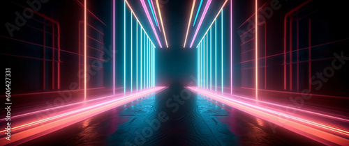 Neon Light Futuristic Background With Empty Floor Against Abstract Vertical Lines