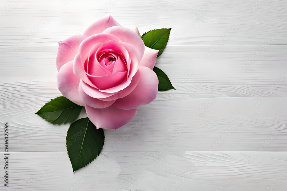Top view, Pink rose head on white background, flat lay