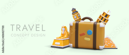 Realistic 3d suitcase with colored stickers, Big Ben, Pyramid, Leaning Tower of Pisa and Sphinx. Web page, advertising poster for travel company with place for text. Colorful vector illustration