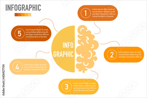 Infographic template. 5 options, processes, steps. Circle brain graphic vector design. Can be used for presentations, workflows, diagrams, flowcharts, and layouts.