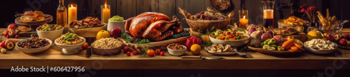 Thanksgiving or Christmas feast, rustic table spread, ultra-high resolution panorama
