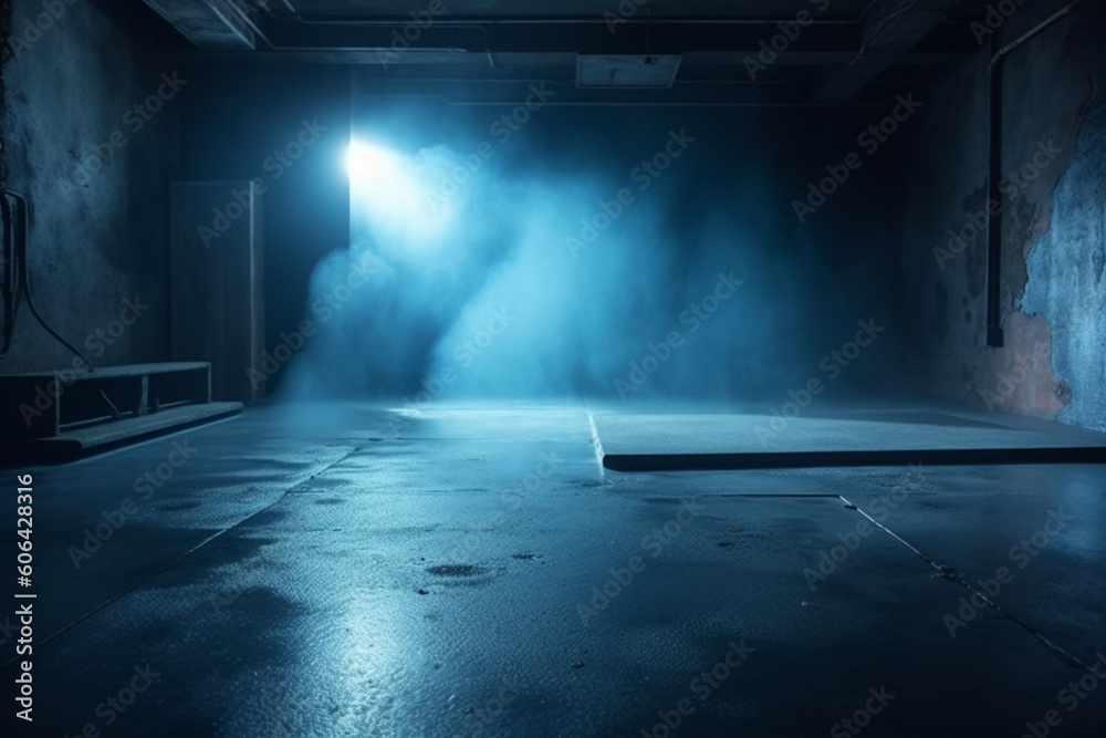 The dark stage shows dark blue background an empty dark scene neon light and spotlights The concrete floor and studio room with smoke float up the interior texture for display products