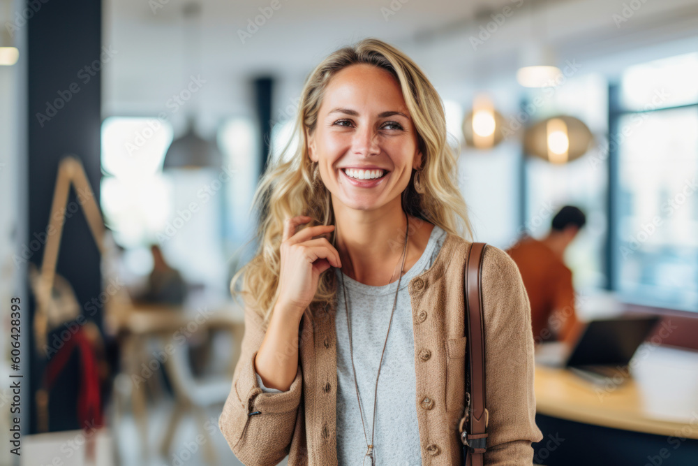 Professional woman standing in her office while looking at camera and smiling