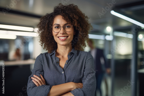 successful business woman, boss in shirt smiling and looking at camera in office with crossed arms