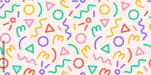 Fun colorful line doodle seamless pattern. Creative minimalist style art background for children or trendy design with basic shapes. Simple party confetti texture, childish scribble shape backdrop.