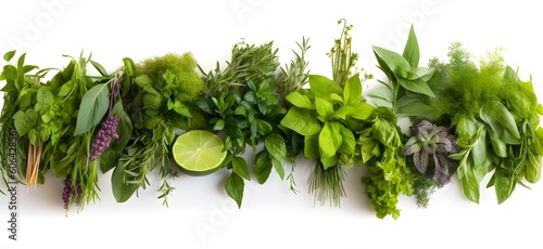 Closeup of an assortment of Asian herbs hanging, unique composition, commercial food photo, white background with delicate shadows, ideal blog post or web page backdrop, generative ai, generative, ki