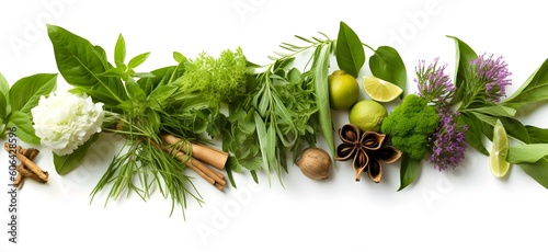 Closeup view of various Asian herbs and spices hanging, intricate arrangement, panel composition, white background with subtle shadows, ideal blog or web page background, Generative AI, Generative, KI