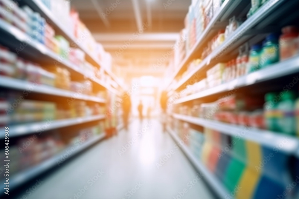 Supermarket grocery store aisle and shelves blurred background
