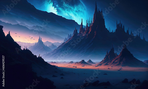 Landscape of an alien planet, view of another planet, science fiction background. Generative Ai.
