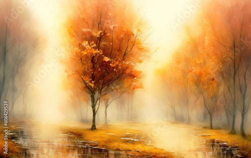 An autumn trees with orange leaves in the rain, Oil painting style illustration. Generative Ai. © Cobalt