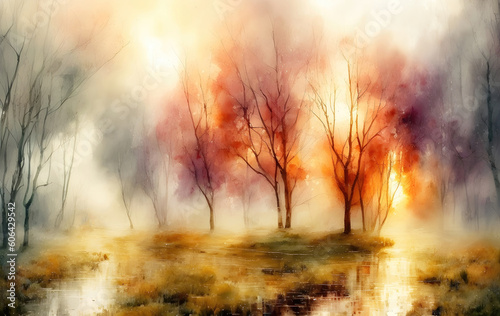 An autumn trees with orange leaves in the rain  Oil painting style illustration. Generative Ai.