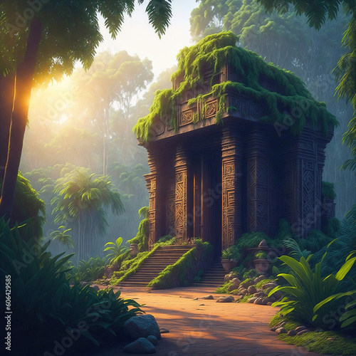 Photo Aztec temple ruins in the jungle illustration. Generative Ai.