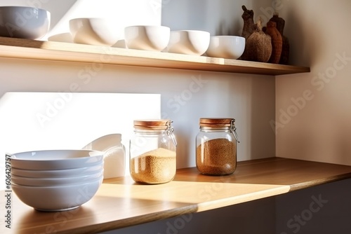 Sleek Luxury Kitchen  Wooden Shelves  Glass Jars  and Ceramic Delights  Generated Ai