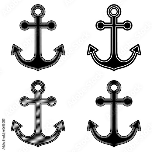 Set vector black Marine anchors icon nautical design illustration