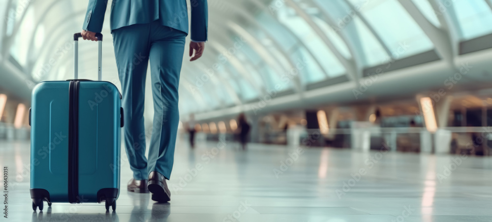 Business background - successful business man with blue suit and suitcase in the airport on the way to a business trip (Generative Ai) Business background - successful business man with blue suit and suitcase in the airport on the way to a business trip (Generative Ai)