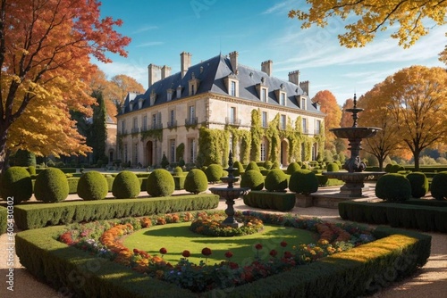 Illustration of a Renaissance architecture style French Castle in a French Garden on a beautiful autumn day - Generative AI 