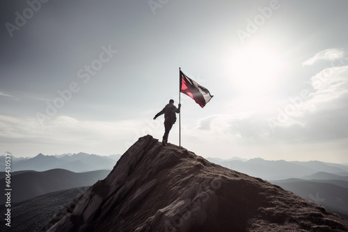 Success Strategies: An unrecognizable man climbing a mountain with a flag at the summit © alisaaa