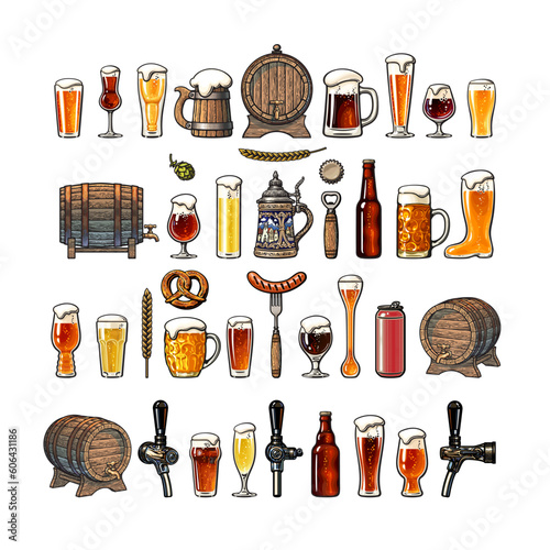 Big vintage set of beer objects. Various types of beer glasses and mugs, barrel, bottle, beer tap. Vector illustration.