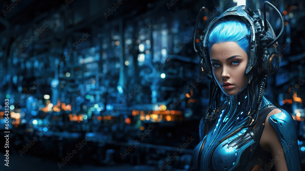 Portrait of a beautiful cybernetic woman with blue hair inside industrial factory, gene altered android body implants fused with artificial robotic intelligence - generative AI Portrait of a beautiful cybernetic woman with blue hair inside industrial factory, gene altered android body implants fused with artificial robotic intelligence - generative AI
