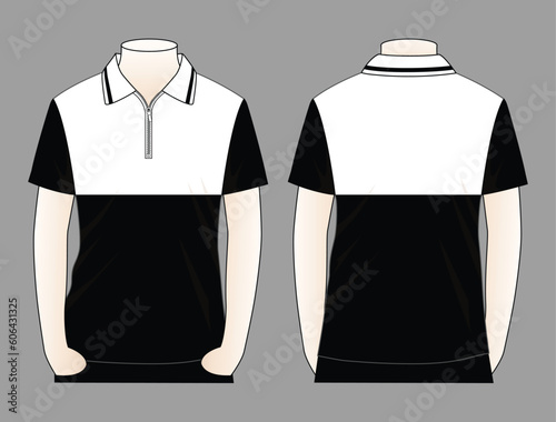 White-black short sleeve polo shirt design on gray background.Front and back view, vector file