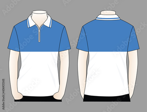 Blue-white short sleeve polo shirt with zip-placket design on gray background. Front and back view, vector file
