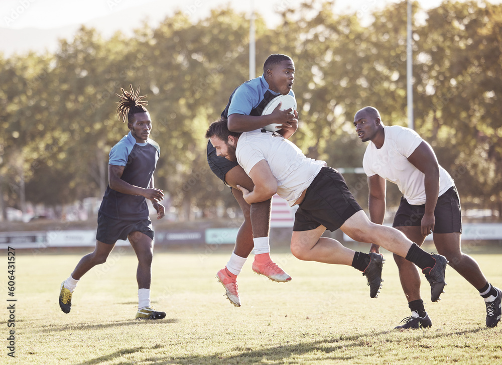 Sports action, rugby and men on field for match, practice and game in  tournament or competition. Fitness, teamwork and players tackle for  exercise, training and performance for winning ball to score Photos