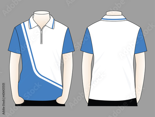White-blue short sleeve polo shirt with zip-placket design on gray background. Front and back views, vector file