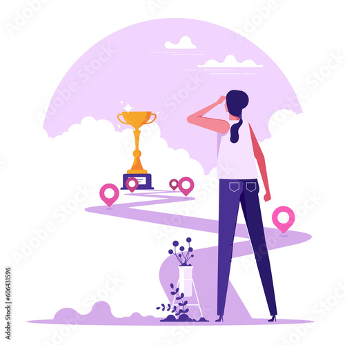 Woman looking at golden goblet or champion cup at end of road. Concept of route to success, business competition or challenge, work goal achievement, career path