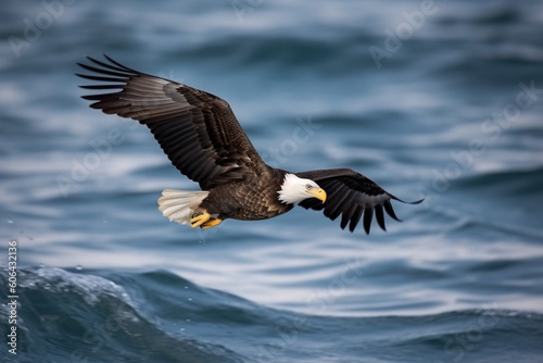 The Bald eagle in flight over ocean