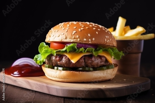 Tasty burger with french fries ready to eat
