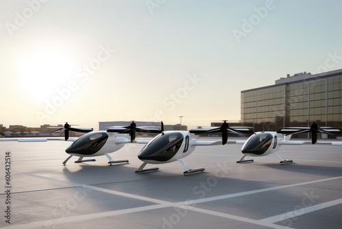 Three eVTOL Aircraft Parked and In Mid Flight In Front Of Terminal Building photo