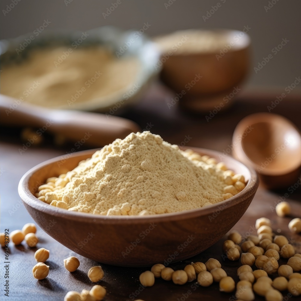 chickpea flour in a ceramic bowl with a wooden scoop, surrounded by raw chickpeas chickpea flour in a ceramic bowl with a wooden scoop, surrounded by raw chickpeas
