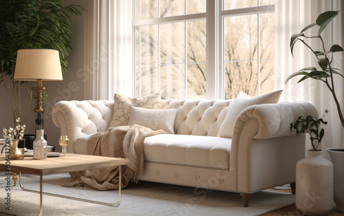 Modern elegant ivory living room with plush sofa and wooden accents , Generative AI	