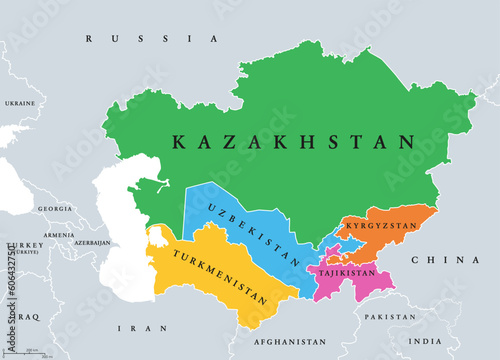 Central Asia, or Middle Asia, colored political map. Region of Asia from Caspian Sea to western China, and from Russia to Afghanistan. Kazakhstan, Kyrgyzstan, Tajikistan, Turkmenistan, and Uzbekistan. photo