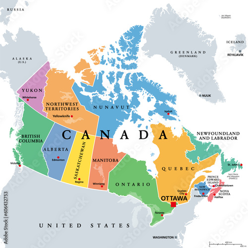 Canada, administrative divisions, colored political map. Ten provinces and three territories of Canada, with borders and capitals. Country in North America, and second largest country of the world.