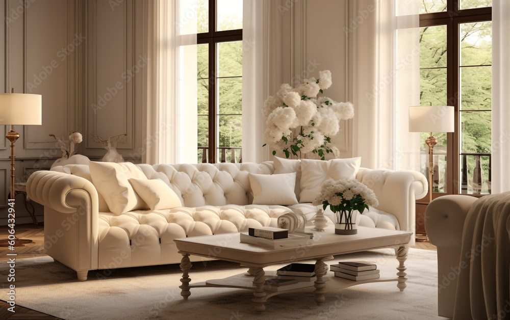 Elegant ivory living room with plush sofa and wooden accents , Generative AI
Elegant ivory living room with plush sofa and wooden accents , Generative AI