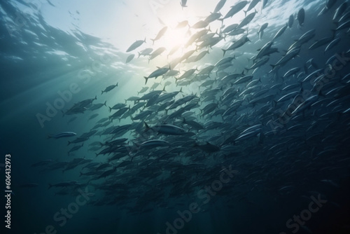 School of jackfish with ray of light in the ocean at Losin Thailand photo